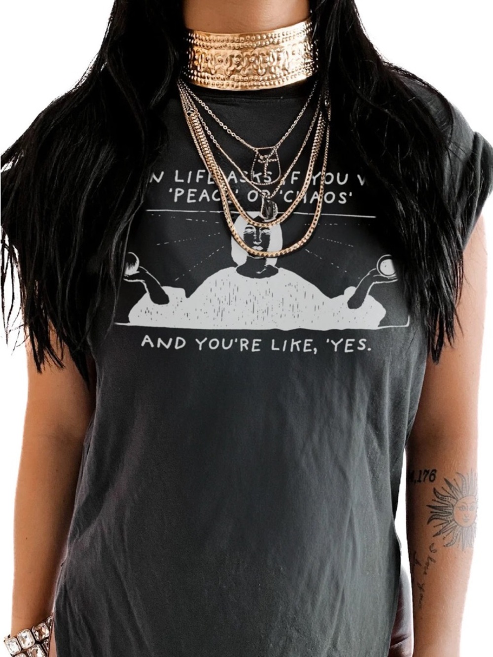 Pebby Forevee | Black Tee with White 'Peace or Chaos' Illustration - Picture 5 of 6